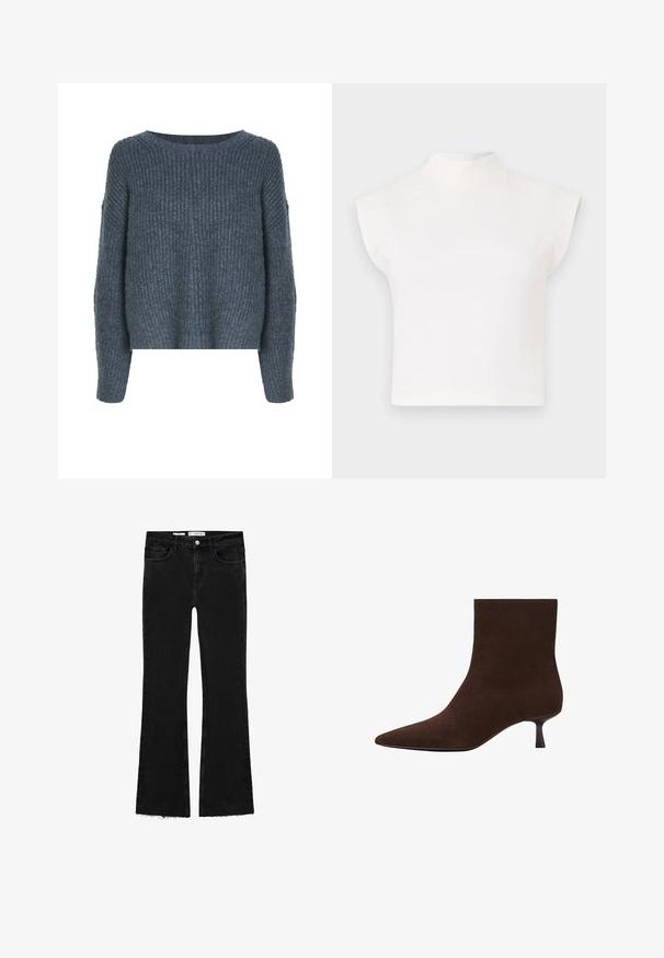 Weekday IVY - Svetrík - dark grey; Biely croptop s vysokým stojačikom a širokými, uhlovými rukávmi. Vyrobený z hladkej látky, bez viditeľných vzorov alebo ozdôb.; Čierne rozšírené džínsy z denimového materiálu, s vysokým pásom, dvoma prednými vreckami, zapínaním na gombík a nerozstrihnutým spodným lemom.; Hnedá semišová členková čižma s špicatou špičkou a tenkým nízkym opätkom. Hladký povrch, bezšvový dizajn a nenápadný silueta.