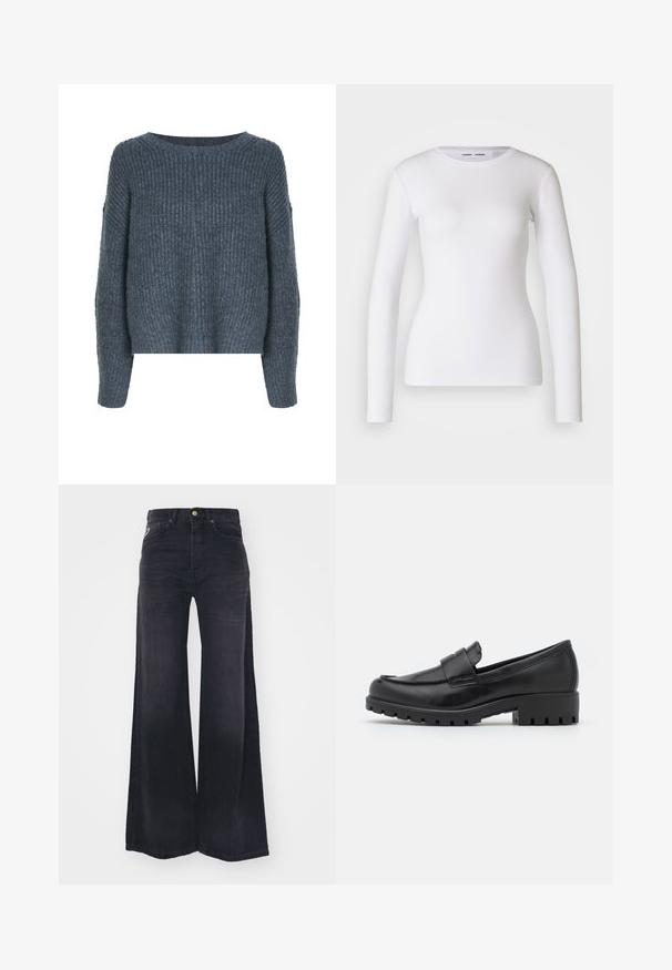 Weekday IVY - Pullover - dark grey; Chemise blanche à manches longues en tissu côtelé, avec un col rond et une coupe cintrée. Aucun motif ni accent présent.; Jean noir taille haute à jambes larges, avec bouton et fermeture éclair à l'avant, et style cinq poches.; Mocassins en cuir noir avec un bout arrondi, un soulignement cousu et une semelle en caoutchouc épaisse avec un relief visible. Surface lisse.