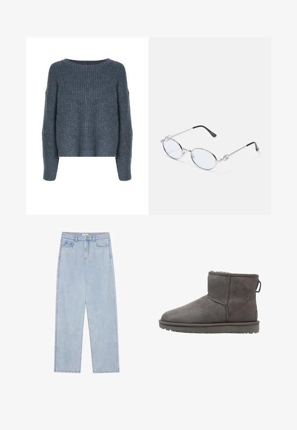 Weekday IVY - Svetrík - dark grey; Svetlomodré džínsy s vysokým pásom a rovnými nohavicami, s piatimi vreckami a viditeľným šitím. Materiál má klasickú umývanú textúru.; Šedé semišové členkové topánky s okrúhlym špicom, podšívkou z ovčej vlny a plochou gumovou podrážkou. Obsahujú štítok s logom a prešité švy.; Ovládacie strieborné kovové okuliare oválneho tvaru s priehľadnými sklami, s dekoratívnymi bočnými akcentmi a čiernymi koncovkami na stranách rámu pre lepšie držanie a pohodlie.