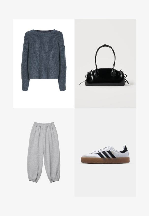 Weekday IVY - Pullover - dark grey; Pantalons de survêtement gris en tissu doux, avec une taille élastique et des poignets fuselés pour un ajustement décontracté. Sans poches externes.; Baskets en cuir blanc avec des rayures noires, semelle extérieure en caoutchouc beige, bout rond, fermeture lacée et embout en suède gris doux.; Petit sac à main noir brillant avec deux longues anses et des détails à cordon sur les côtés sur un fond clair uni.