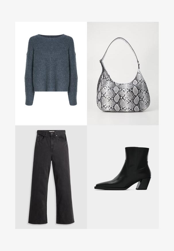 Weekday IVY - Svetrík - dark grey; Čierne džínsy so širokými nohavicami a vysoko posadeným pásom, s piatimi vreckami a kovovým zapínaním. Tkanina má hladký, jemne vyblednutý povrch.; Čierna kožená členková topánka s špicatou špičkou, elegantným siluetou a masívnym štvorecovým podpätkom. Hladký povrch s minimálnymi švovými detailmi.; Mäkká čierna a biela taška cez rameno s hadím vzorom zaobleného tvaru, hladkou textúrou a zakriveným popruhom. Obsahuje akcenty zo strieborného kovu.