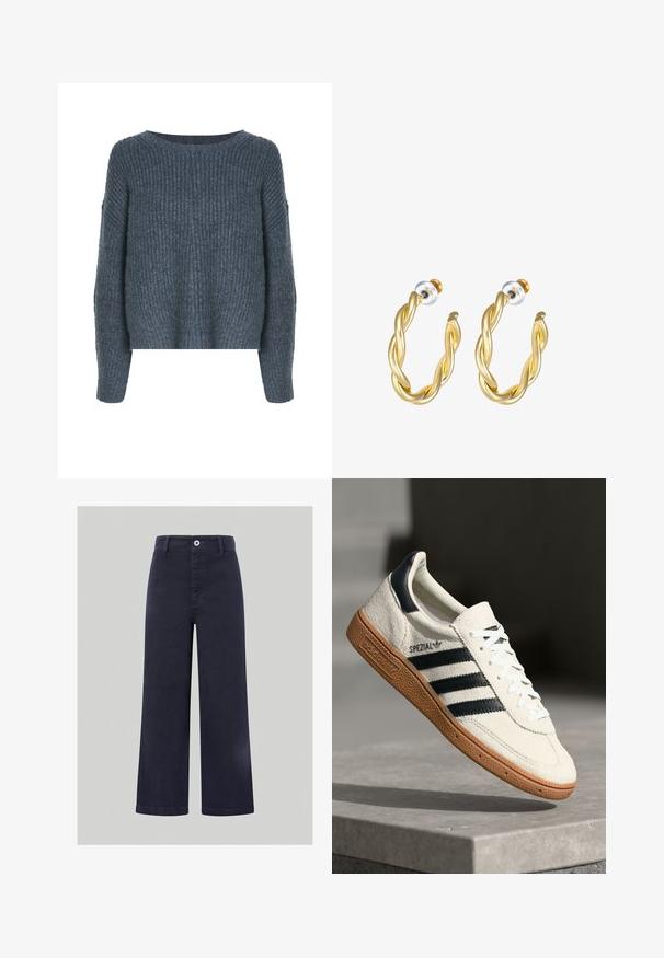 Weekday IVY - Svetrík - dark grey; Široké nohavice v námornickej modrej farbe, vyrobené z hladkej zmesi bavlny, s predným zapínaním na gombík a prešitými detailmi pozdĺž pásu a vreciek.; Biele semišové tenisky s námorníckymi pruhmi, gumovou podrážkou, textúrovaným zvrškom, okrúhlou špičkou a šnurovaním; obsahujú označenie na boku a jazyku.; Zlaté skrútené náušnice s hladkým povrchom, ktoré majú priehľadný podklad a zlatý hardware.