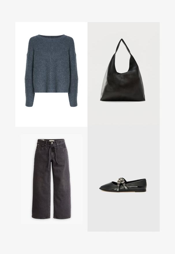 Weekday IVY - Svetrík - dark grey; Čierne široké džínsy vyrobené zo denimu, s elastickým pásom na šnúrku, piatimi vreckami a kontrastným prešívaním. Rovný predný dizajn.; Čierne lakované baleríny s špicatou špičkou, vybavené dvojitým remienkom zdobeným striebornými prackami a nízkym opätkom. Hladká textúra.; Čierna hladká kožená kabelka na rameno s širokým, jediným remienkom a ležérnym, minimalistickým dizajnom na jednoduchom pozadí.