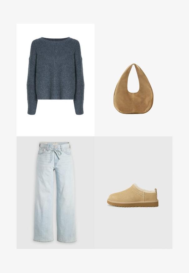 Weekday IVY - Trui - dark grey; Lichtblauwe wijde jeans met een striksluiting, klassiek vijf-pocket ontwerp en subtiele vervaging op de benen. Denim materiaal.; Suède instap schoenen in licht bruin, met een zachte bontvoering en een gemeleerde rubberen zool met een lichte hak en een trekhaakje aan de achterkant voor gemakkelijk aan- en uittrekken.; Camelkleurige suède hobo tas met brede, afgeronde vorm en een enkel plat handvat, weergegeven tegen een effen witte achtergrond.