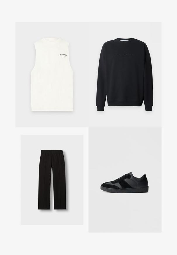 Sweat-shirt noir à col rond avec manches longues et texte en relief discret "Carlo Colucci Un héritage depuis 1979" sur le devant.; T-shirt blanc sans manches avec col rond et petit logo noir AllSaints sur le haut gauche de la poitrine.; Pantalon noir droit avec taille élastique et plis subtilement cousus, présenté sur un fond clair uni.; Baskets noires combinant cuir lisse et daim, avec une semelle en caoutchouc noire texturée et un détail de rayures discrètes.