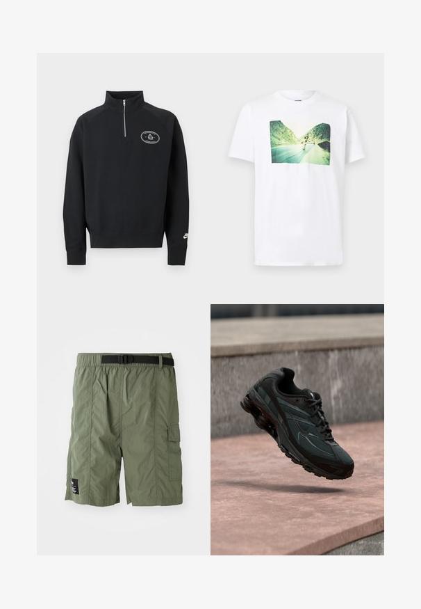 Sudadera negra de manga larga con cremallera de un cuarto y cuello alto, pequeño logo blanco en el pecho izquierdo y logo texto "Nike" en el puño izquierdo de la muñeca.; Camiseta blanca con una foto impresa de un skater bajando por una carretera de montaña rodeada de colinas rocosas verdes bajo un cielo brillante.; Pantalones cortos cargo de color verde oliva con cintura elástica y hebilla negra. Incluyen un bolsillo lateral y un tejido texturizado.; Zapatilla deportiva negra con entresuela visible con amortiguación de aire que flota sobre una superficie de piedra rosa con un fondo de pared de piedra gris.