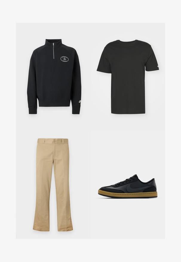 Schwarzes Sweatshirt mit langen Ärmeln und Viertel-Reißverschluss, hohem Kragen, kleinem weißen Logo auf der linken Brust und „Nike“ Textlogo am linken Handgelenk-Bündchen.; Schwarzes T-Shirt aus weicher Baumwolle, mit kurzen Ärmeln und Rundhalsausschnitt. Einfaches Design mit einem kleinen Logo auf dem linken Ärmel.; Beige Schlaghose aus einem Baumwollmix, mit Knopfverschluss, Gürtelschlaufen und flacher Vorderseite mit glatter Textur.; Schwarze Ledersneaker mit niedrigem Design, Schnürverschluss, Gummisohle und gummikolorierten Akzenten. Verfügt über ein seitliches Logo und strukturierte Materialien.