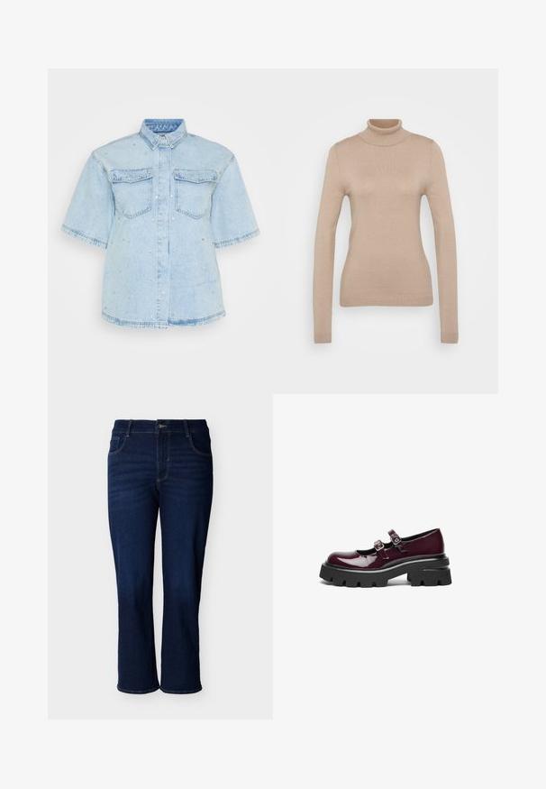 Bež turtleneck-kampsärk, tehtud pehmest kudumiskangast. Omab pikki varrukaid, liibuvat disaini ning ribakujulist kaelust ja allserva.; Hele sinine denim särk lühikeste varrukatega, millel on kaks esist pocketit ja kaunistatud väikeste hõbedaste nööpidega.; Tumesinised sirge säärega teksapüksid esiküljel nööbi ja taskutega, esitatud ühevärvilisel valgel taustal.; Burgundia läikivast nahast Mary Jane kingad kahekordsete kinnitustega ja jämedate mustade kummitaldadega, millel on sügavad sooned.
