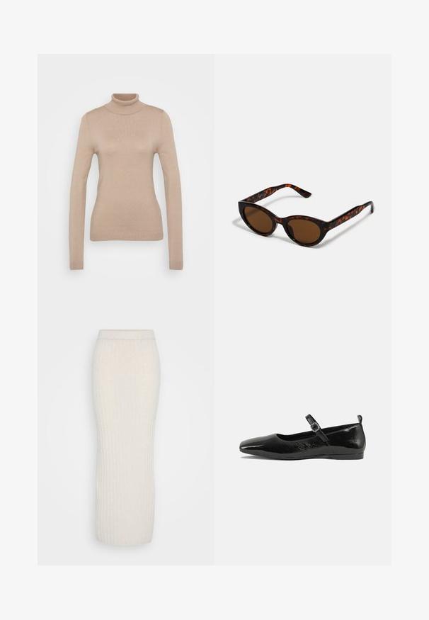 Bež turtleneck-kampsärk, tehtud pehmest kudumiskangast. Omab pikki varrukaid, liibuvat disaini ning ribakujulist kaelust ja allserva.; ONLY Tall ONLJEANETT LIFE LONG SKIRT - Maksiseelik - birch melange; Mustmust musta nahk king, millel on terav nina, pahkluu rihm koos pandlaga ja sile, läikiv tekstuur. Madal konts mugavuse tagamiseks.; Pruunid kilpkonnamustriga päikeseprillid, mille vintage-kassikujuline kuju ja pruunid läätsed. Omavad kaardus varsi punaste aktsentidega.