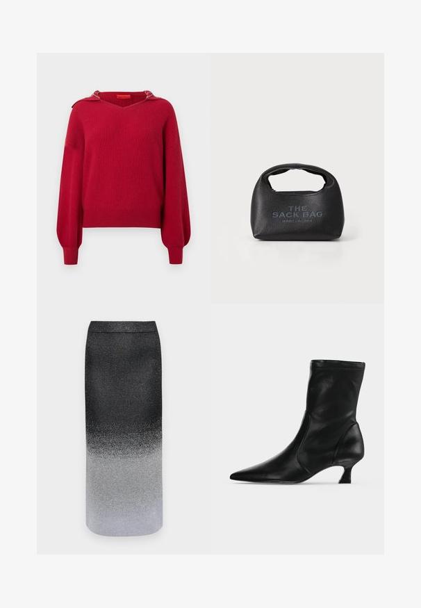 Rød ribbet sweater med v-hals, lange ærmer og en dekorativ hætte. Har en tekstureret strik og subtile detaljer på skuldrene.; Metallic nederdel med et ombre-design, der går fra sort øverst til sølv nederst, og som har en glat tekstur og en strømlinet form.; Sort læderstøvle til midt på læggen med spids tå og lav kittenhæl, vist fra siden på en ensartet lys baggrund.; Sort struktureret lædertaske med tekstur, kort håndtag og præget tekst "THE SACK BAG" foran. Lynlåslukning øverst.