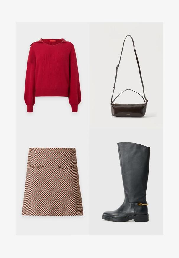 Rød ribbet sweater med v-hals, lange ærmer og en dekorativ hætte. Har en tekstureret strik og subtile detaljer på skuldrene.; Kort ternet nederdel med et skakmønster i rød, sort og creme. Den har en glat overflade og to forlommer.; Sort knæhøj læderstøvle med en kraftig sål og et lille guld dekorationselement nær anklen på en hvid baggrund.; Lille blank mørkebrun læder skuldertaske med justerbar rem, top håndtag og gyldent lynlås lukning.