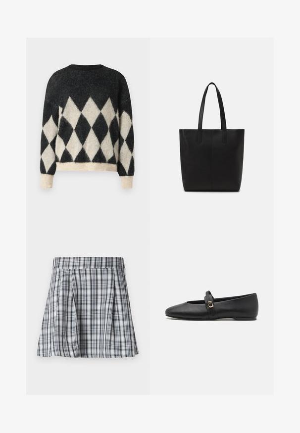 Sort og cremefarvet oversized sweater med diamantmønster, lavet af blødt struktureret stof med ribkant i bunden og på ærmerne.; Ribet mini nederdel i grå og hvid med plisseringer og en talje. Fremstillet af letvægtigt stof med lodrette og vandrette striber.; Sorte læder flade sko med rund tå-design, der har en tynd rem med en guld spænde dekor på vristen.; Sort tote taske lavet af tekstureret materiale, med to lange håndtag og et enkelt, minimalistisk design uden synligt hardware.