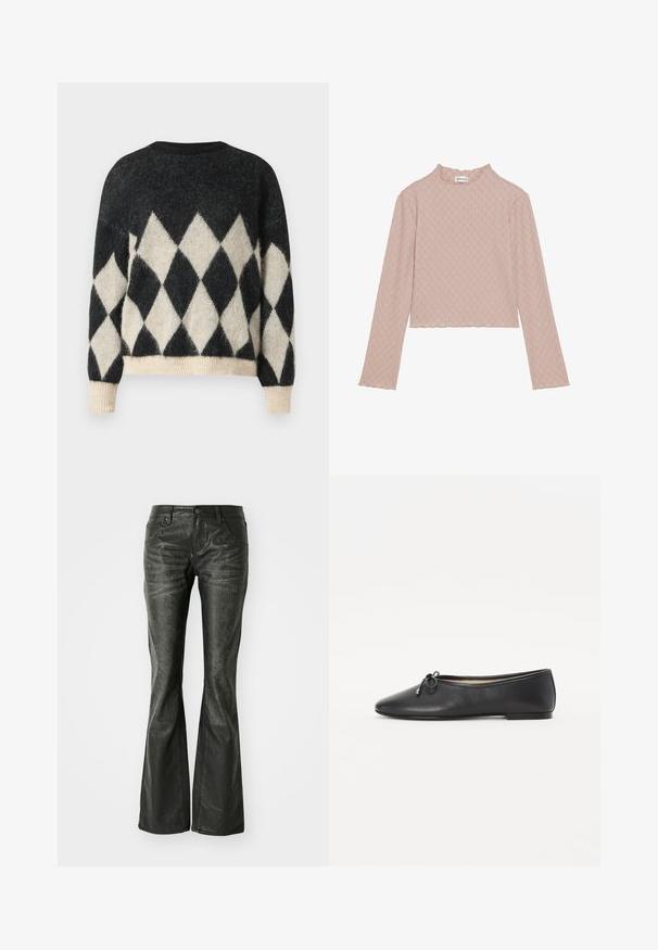 Mustreeritud musta ja koorevärvi suurem sweater, mis on valmistatud pehmest tekstuuriga kangast, millel on ribiga serv ja mansetid.; Heledäkstee liikides heledas roosas värvitoonis, kudumise tekstuuriga, lainelise ääre ja sakilise kaelusega. Omab peent geomeetrilist mustrit kogu ulatuses.; Mustad kunstnahkflared teksad esipocketitega, metallist nupuklips ja kergelt tekstureeritud pind. Sirge jala lõige, pikem lõige.; Must have musti balletkingad, millel on ümar varvas ja dekoratiivne lipsu detail. Kujunduses on sile tekstuur ja madal, tasane konts.