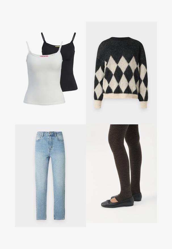Suéter de gran tamaño en negro y crema con un patrón de diamantes, hecho de un suave tejido texturizado y con dobladillos y puños acanalados.; Dos camisetas sin mangas básicas en negro y blanco, hechas de una tela suave y elástica. Presentan tirantes finos y un diseño simple y ajustado.; Vaqueros de mezclilla azul claro con diseño de pierna recta, estilo de cinco bolsillos, cierre con botón metálico y detalle sutil de desgastado en la parte delantera.; Piernas con leggings oscuros acanalados combinados con bailarinas negras que presentan pequeños detalles de lazo sobre un fondo blanco.