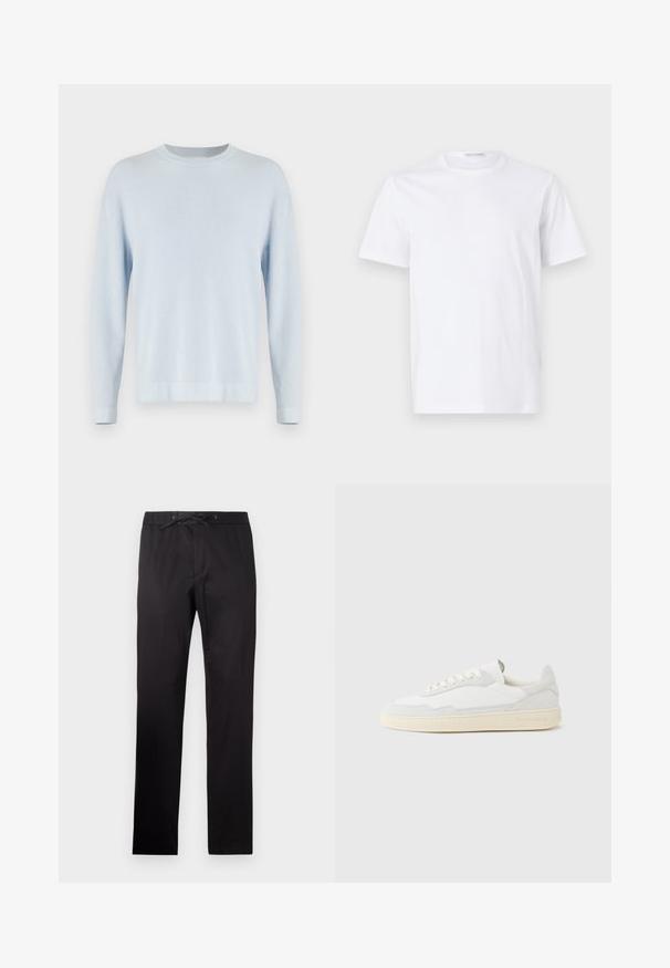 Lyseblå ribstrikket sweater med rund halsudskæring, lange ærmer og lige kant. Struktureret stof med et blødt udseende.; Hvid bomulds t-shirt med rund halsudskæring og korte ærmer. Glat tekstur, lige snit og minimalistisk design uden mønstre eller accenter.; Sorte bukser med elastisk talje og snor. Har en glat tekstur og lige ben-design. Minimalistisk stil uden mønstre.; Hvid sneakers med en øvre del i tekstureret ruskind og læder. Har rundet tå, snørelukning og kontrasterende beige gummisål.
