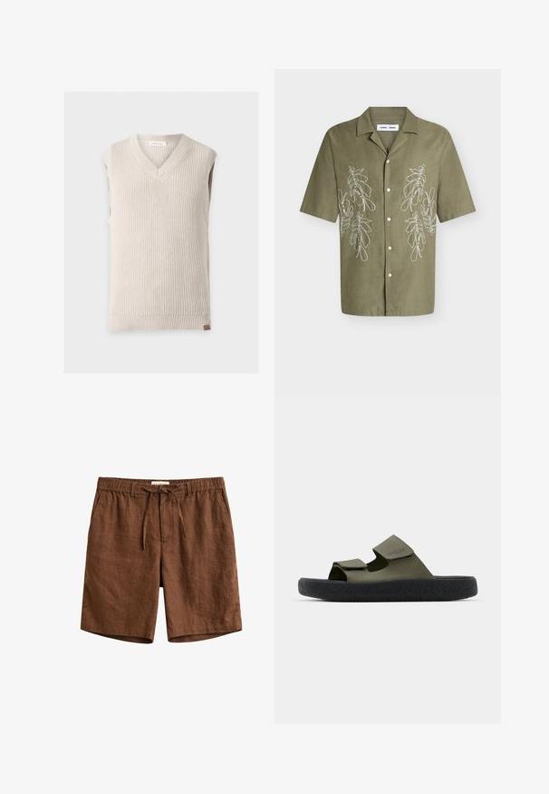 Beige strikket ærmeløs strikvest med V-hals og ribstrikket kant på ensartet lys baggrund.; Kortærmet olivengrøn skjorte med knapper og hvid blomsterbroderi foran samt klassisk krave.; Brune linnedshorts med elastisk talje, snøretræk, bæltestropper og sidelommer.; Grønne gummisandaler med to justerbare remme og en tekstureret sort sål med et dækmønster. Brandlogo synligt på remmen.