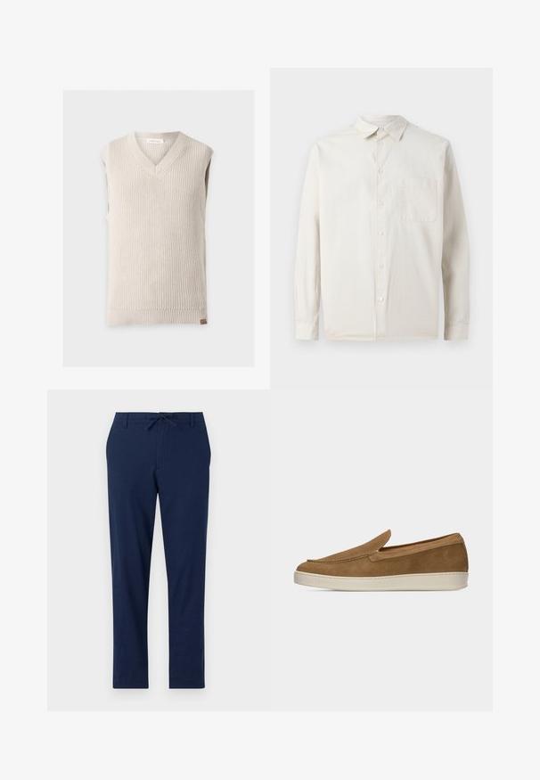 Chaleco de punto sin mangas de color beige con cuello en V y borde acanalado sobre fondo liso claro.; Samsøe Samsøe SADAMON - Camisa - off white; Pantalones azul marino de material ligero con cintura ajustable y perneras estrechas, que cuentan con bolsillos delanteros y traseros.; Zapato de ante marrón claro sin cordones con suela de goma blanca, costuras mínimas y diseño de perfil bajo sobre un fondo claro y liso.