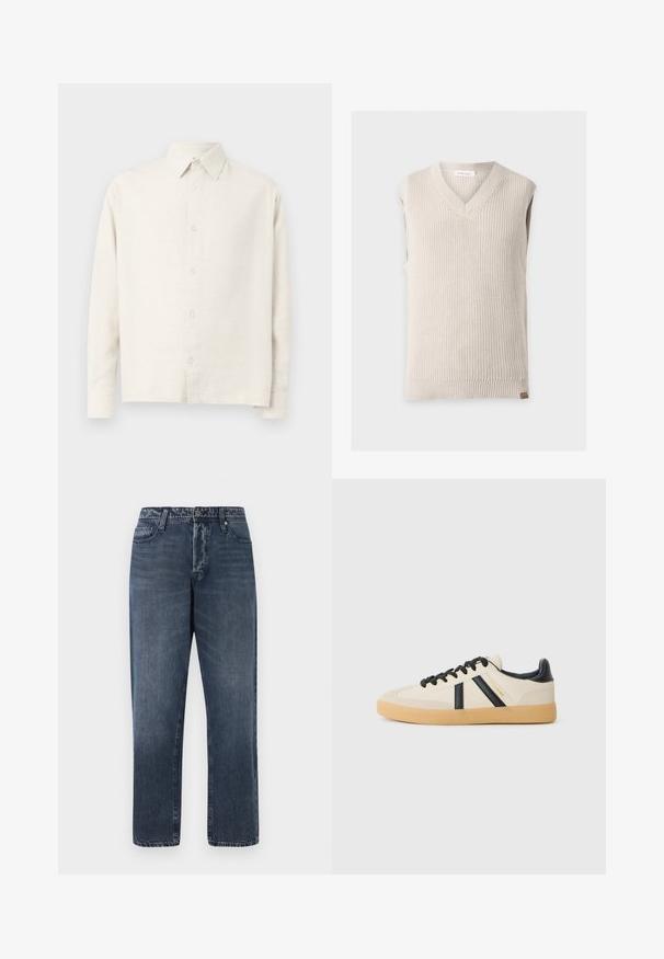 Beige strikket ærmeløs strikvest med V-hals og ribstrikket kant på ensartet lys baggrund.; Lys beige langærmet skjorte lavet af struktureret stof. Har en krave og knaplukning foran samt en ligefrem kant.; Jack & Jones Loose-fit JJIEDDIE JJORIGINAL SQ 227 - Baggy jeans - blue denim; Casual sneakers i creme med sorte striber, med en tekstureret overdel og sål i gummigummi. Snørebåndene er sorte. Diskret logo på siden.