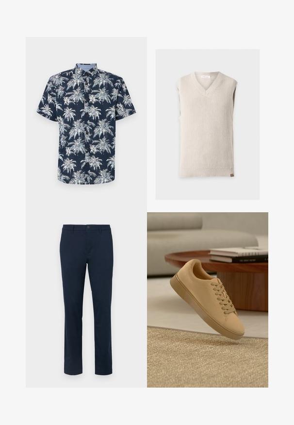 Beige gebreide mouwloze trui met V-hals en geribde zoom op een effen lichte achtergrond.; Korte mouwen, knoopshirt in marineblauw met een wit palmbomenprint. Heeft een kraag en bruine knopen. Gestructureerde stof.; Donker marineblauwe chinos van een gladde stof. Recht gesneden ontwerp met een enkele knoopsluiting en riemlussen. Geen zichtbare patronen of accenten.; Beige vetersneaker die boven een gestructureerd tapijt zweeft, met een houten salontafel en gestapelde boeken op een wazige achtergrond.