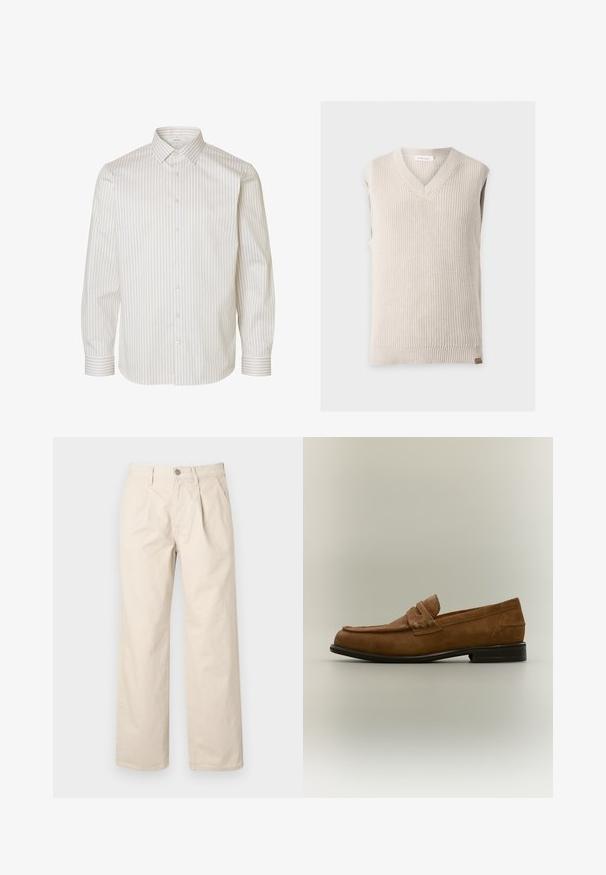 Beige gebreide mouwloze trui met V-hals en geribde zoom op een effen lichte achtergrond.; Wit overhemd met lange mouwen en beige verticale strepen, knoopsluiting aan de voorkant, puntige kraag en knoopmanchetten.; Beige wijde broek met hoge taille, met voorplooien, een knoopsluiting aan de voorkant en een zachte katoen stof.; Bruine suède loafer met een lage zwarte hak en een gestikt riempjedetail op het bovenwerk, gezien van de zijkant tegen een neutrale achtergrond.