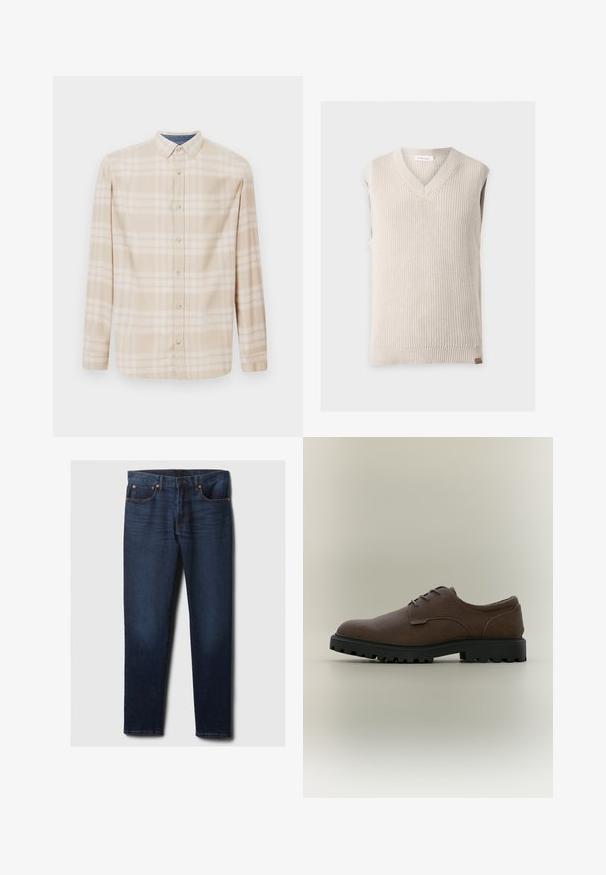 Beige gebreide mouwloze trui met V-hals en geribde zoom op een effen lichte achtergrond.; Beige geruite langwerpige blouse met een knoopsluiting, knopen aan de voorkant en subtiele blauwe accenten bij de halslijn. Gemaakt van zachte stof.; Donkerblauwe slim-fit denim jeans met lichte vervaging op de voorkant van de bovenbenen, koperen klinknagels en klassieke vijf-pocket styling, plat gelegd op een witte achtergrond.; Donkerbruine suède veterschoen met een dikke zwarte rubberen profielzool, zijaanzicht op een neutrale achtergrond.