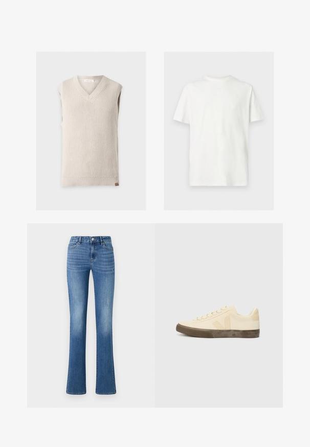 Beige gestrickte ärmellose Pullunderweste mit V-Ausschnitt und geripptem Saum auf einfarbigem hellem Hintergrund.; Weißes T-Shirt mit kurzen Ärmeln und Rundhalsausschnitt in lockerer Passform auf hellem, einfarbigem Hintergrund.; ONLY ONLWAUW MID WAIST - Jeans Slim Fit - medium blue denim; Beige Leinensneaker mit runder Zehenpartie, flachen Schnürsenkeln und strukturiertem braunem Gummi-Sohle. Mit einem Logo an der Seite und einem minimalistischen Design.