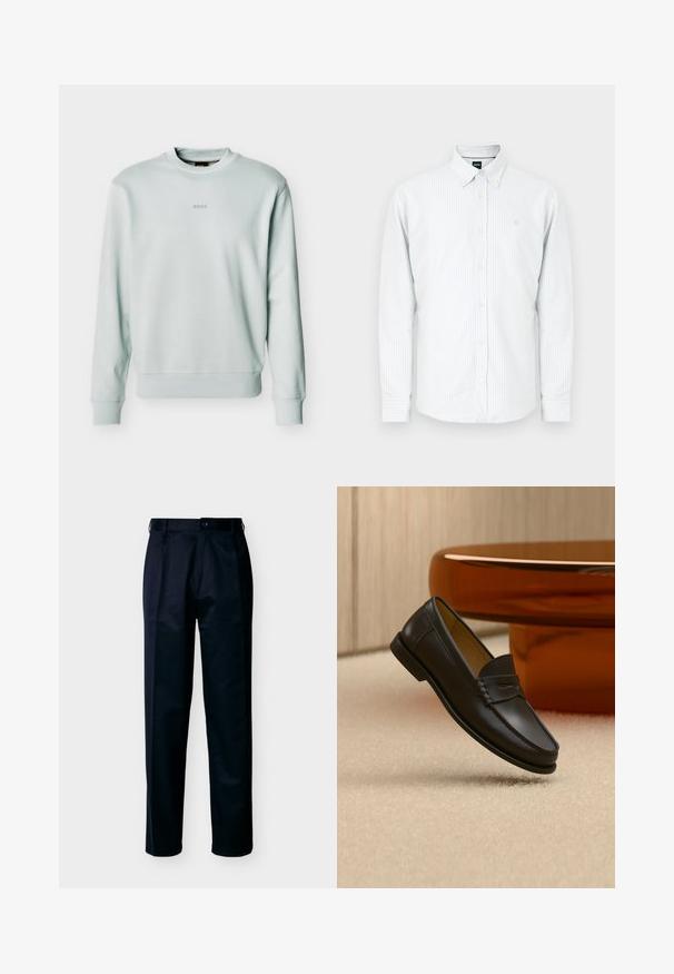 Sweat-shirt gris clair à col rond avec poignets et ourlet côtelés, petit logo "BOSS" centré sur la poitrine.; Chemise à rayures bleu clair et blanc, en coton, manches longues, col boutonné, petit logo brodé sur la poitrine.; Pantalon homme droit noir avec fermeture à bouton et zip, passants pour ceinture et poches avant, présenté sur fond blanc.; Chaussure mocassin en cuir noir suspendue au-dessus d’un tapis beige avec du mobilier moderne couleur ambre en arrière-plan.