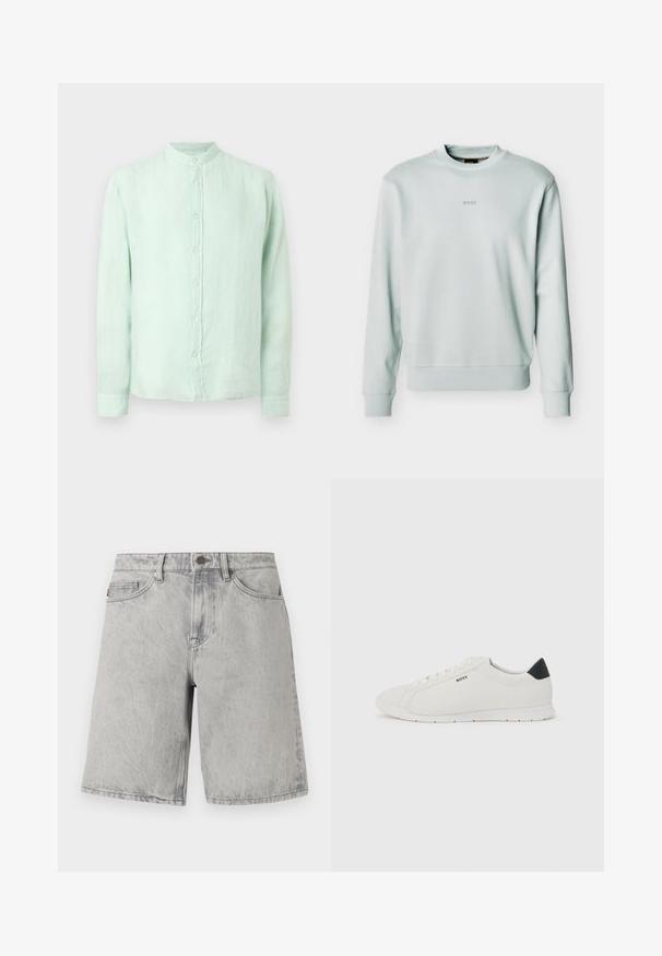 Sweat-shirt gris clair à col rond avec poignets et ourlet côtelés, petit logo "BOSS" centré sur la poitrine.; Chemise à manches longues vert clair avec col mandarin, en tissu légèrement texturé, présentée sur un fond uni.; Shorts en jean gris clair avec fermeture par bouton et fermeture éclair, passants pour ceinture et poches avant, présentés sur un fond blanc.; Baskets blanches basses avec languette de talon noire, lacets blancs et logo "BOSS" sur le côté, présentées sur un fond clair uni.