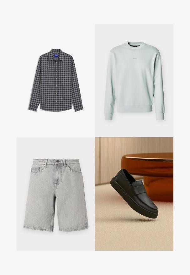 Sweat-shirt gris clair à col rond avec poignets et ourlet côtelés, petit logo "BOSS" centré sur la poitrine.; Chemise boutonnée à carreaux gris foncé et bleu marine. Manches longues, col et une poche poitrine unique. Tissu en mélange de coton avec une texture lisse.; Shorts en jean gris clair avec fermeture par bouton et fermeture éclair, passants pour ceinture et poches avant, présentés sur un fond blanc.; Mocassin en cuir noir à enfiler avec une bride sur le dessus, positionné sur un tapis beige et une table ronde marron.