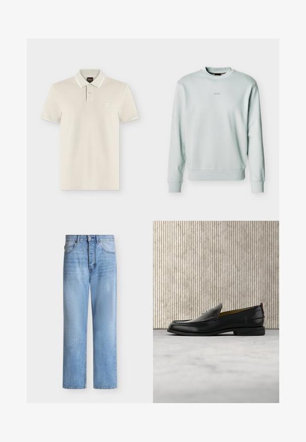 Sweat-shirt gris clair à col rond avec poignets et ourlet côtelés, petit logo "BOSS" centré sur la poitrine.; Polo beige clair à manches courtes avec deux boutons, une bordure blanche sur le col et un petit logo carré sur la poitrine.; Jean droit en denim bleu clair avec fermeture par bouton et zip, poches avant et arrière, et passants de ceinture à la taille.; Mocassin pour homme en cuir noir avec un dessus embossé effet croco et un petit talon, présenté de profil sur un fond neutre.