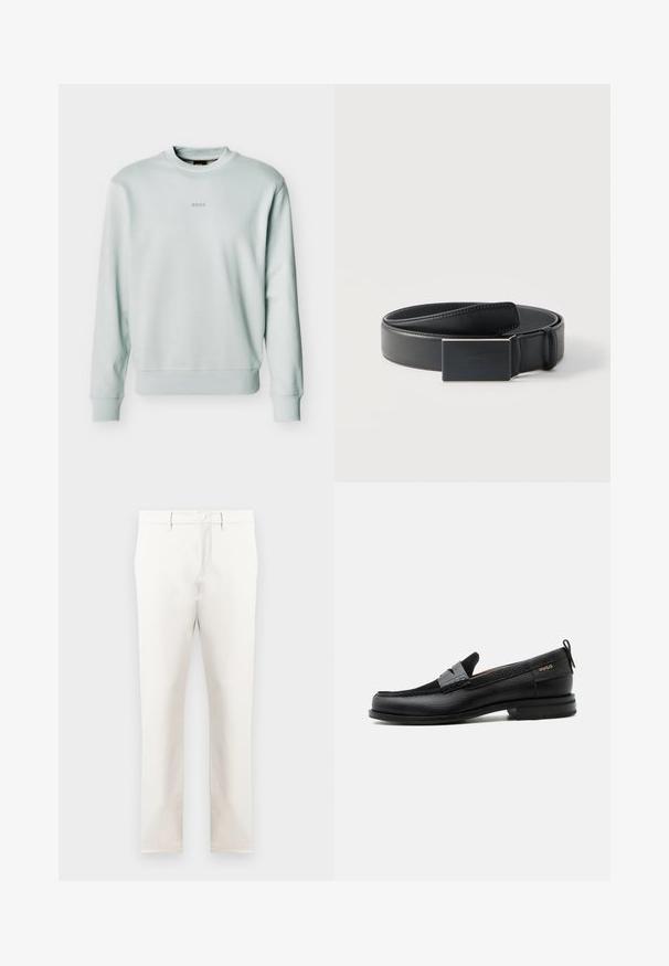 Sweat-shirt gris clair à col rond avec poignets et ourlet côtelés, petit logo "BOSS" centré sur la poitrine.; Pantalons beiges en tissu lisse, avec une coupe droite, des poches avant, une fermeture éclair et un bouton unique à la taille.; Mocassin en cuir noir avec détail de bride grise, talon bas et semelle texturée, marqué "HUGO" en or sur le côté.; Ceinture en cuir noir enroulée avec une boucle noire mate rectangulaire et un logo embossé discret sur fond blanc.