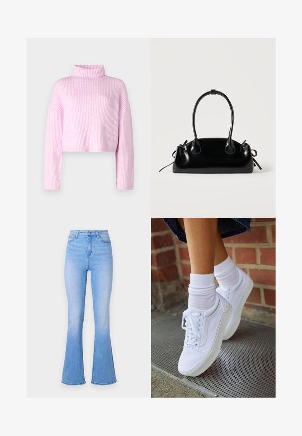 Roze geribbelde trui met een hoge hals, cropped ontwerp en lange mouwen. De textuur van de stof heeft subtiele verticale strepen.; Lichtblauwe flare jeans met hoge taille, gemaakt van denim. Heeft een gladde textuur en een subtiele vervaging naar de zoom toe. Klassiek ontwerp met vijf zakken.; Witte canvas sneakers met rubberen zolen, voorzien van zes vetertjes, een ronde neus en lichte stikdetails, gecombineerd met witte enkelsokken.; Kleine zwarte glanzende handtas met twee lange hengsels en zijkant trekkoord details op een effen lichte achtergrond.