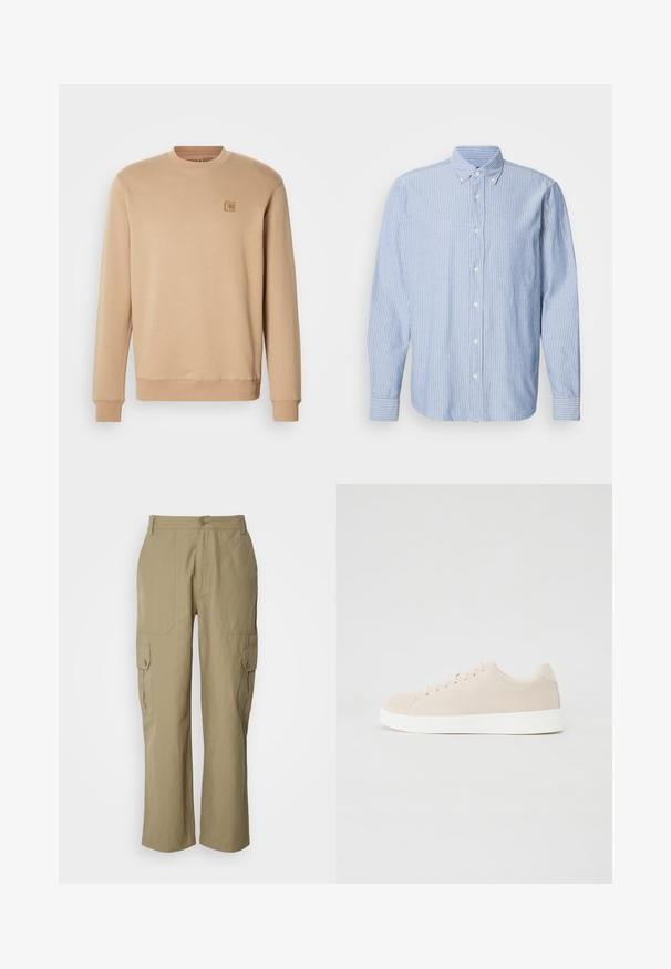 Beige sweatshirt lavet af blødt bomuldsblandingsmateriale, har rund hals, lange ærmer og et lille firkantet logo-patch på venstre bryst.; Lys blå skjorte med hvide striber, som har en klassisk krave og lange ærmer. Fremstillet af vævet stof med en glat tekstur.; Beige cargo bukser lavet af letvægtsstof, med to sidelommer, knaplukning og lige ben design.; Beige ruskindsneakers med hvide gummisåler, rund tå og seks snøringshuller. Glat tekstur med minimalisk design.