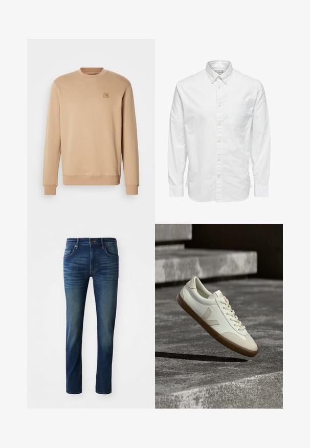 Beige Sweatshirt aus weichem Baumwollmix, mit Rundhalsausschnitt, langen Ärmeln und einem kleinen quadratischen Logopatch auf der linken Brust.; Weißes langärmliges Hemd mit Knöpfen, Kragen und Brusttasche, innen am Kragen mit "Selected Homme" beschriftet.; Dunkelblaue Jeans aus Denim mit Slim-Fit, fünf Taschen, einem vorderen Knopfverschluss und einer dezenten, ausgebleichten Textur an den Beinen.; Weiße Leder-Sneaker mit beige-gummiartiger Sohle, flachen Schnürsenkeln und V-förmigem Akzent an der Seite. Verfügt über eine glatte Oberfläche und minimale Nahtdetails.