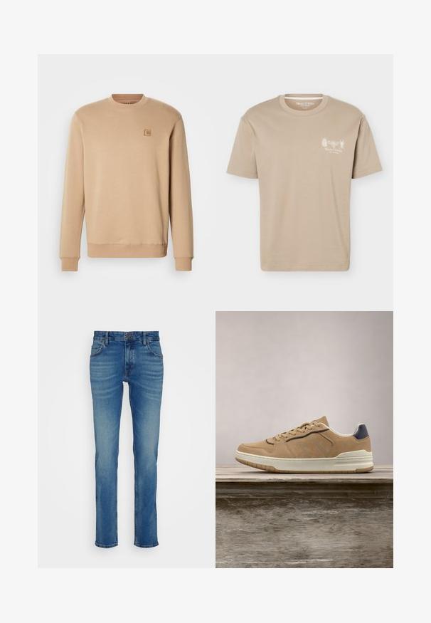 Beige sweatshirt lavet af blødt bomuldsblandingsmateriale, har rund hals, lange ærmer og et lille firkantet logo-patch på venstre bryst.; Beige kortærmet T-shirt med rund halsudskæring med små insektgrafikker og "Marc O'Polo" logo på venstre bryst.; Blå denim jeans med lige pasform, fem lommer og en knappet talje med en let falmning og slidte detaljer.; Beige ruskinds sneakers med hvid gummisål, featuring beige snørebånd, navy-blue accenter og perforerede detaljer på tåboksen.