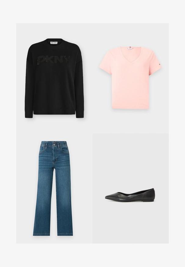 Schwarzer DKNY Pullover mit langen Ärmeln, geripptem Rundhalsausschnitt, Bündchen und Saum, mit dezent glänzendem DKNY-Logo auf der Brust.; Hellrosa kurzärmeliges V-Ausschnitt-T-Shirt mit kleinem Logo auf dem linken Ärmel, vor neutralem Hintergrund präsentiert.; Hoch taillierte, weit geschnittene blaue Jeans aus Denim mit vorderen Taschen, Gürtelschlaufen und Doppelknopfverschluss.; Schwarze Leder-Ballerinas mit spitzem Zehenbereich, niedrigem Absatz und glatter Textur. Minimalistisches Design mit einem dezenten seitlichen Akzent.