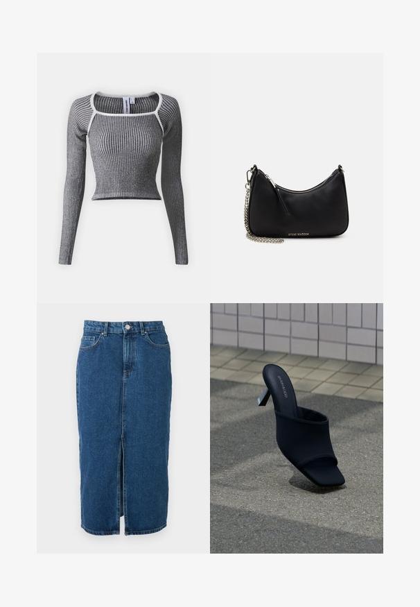 Grå ribbet langærmet crop top med en kontrasterende hvid halsudskæring. Den har en tætsiddende pasform og en tekstureret stof.; Mid-lang blå denimnederdel med frontcenter slids, bæltestropper, forlommer og knaplukning i taljen.; Sort åben tå mule med blokhæl og firkantet tå, mærket "EVEN&ODD," placeret på gråt fortov nær flisebelagt væg.; Sort syntetisk håndtaske med en buet form, sølv kædetræk, lynlåslukning og præget brandlogo på forsiden. Glat tekstur.
