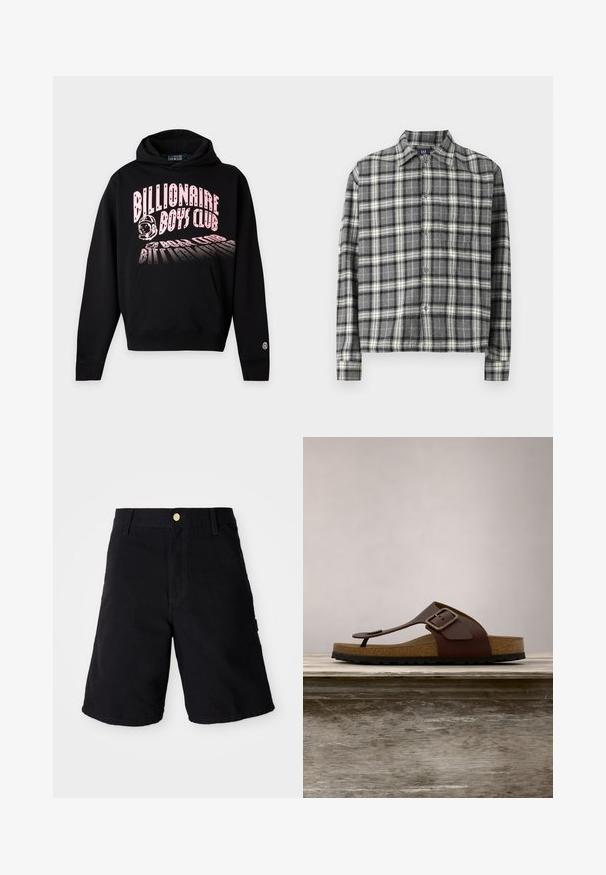 Sweat à capuche noir avec texte rose « Billionaire Boys Club » et graphique de casque d’astronaute sur la poitrine, avec une poche kangourou à l’avant.; Chemise à carreaux noire et blanche avec col, manches longues et coupe décontractée. Fabriquée dans un tissu doux et texturé.; Shorts en denim noir avec une fermeture à bouton, présentant une coupe droite, des poches latérales et des coutures renforcées pour plus de durabilité.; Sandale en cuir marron avec lanière à boucle ajustable sur une surface en bois, plantes vertes floues en arrière-plan.