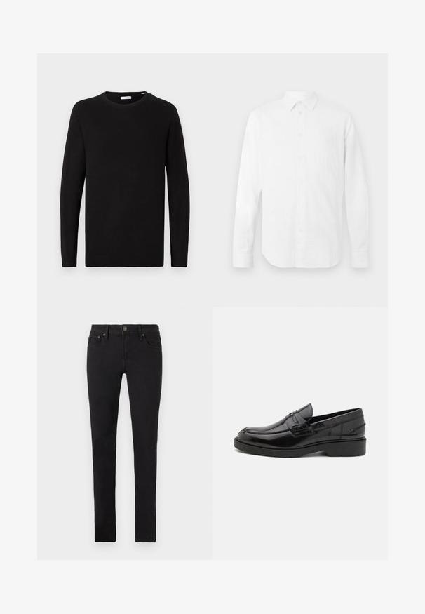 Schwarzer Rundhalsausschnitt-Pullover, lange Ärmel, gestrickter Stoff, gerippte Bündchen und Saum, minimalistisches Design, glatte Textur, keine sichtbaren Muster.; Weißes Langarmhemd aus strukturiertem Stoff, mit klassischem Kragen, Knopfleiste und geradem Saum, in lockerer Passform.; Schwarze Slim-Fit-Jeans mit fünf Taschen, Knopfverschluss und Gürtelschlaufen, flach auf einem weißen Hintergrund präsentiert.; Schwarze Lederloafers mit glatter Oberfläche, abgerundetem Zehenbereich, niedrigem Absatz und dekorativer Naht entlang der Vorderseite. Gummisohle für guten Halt.