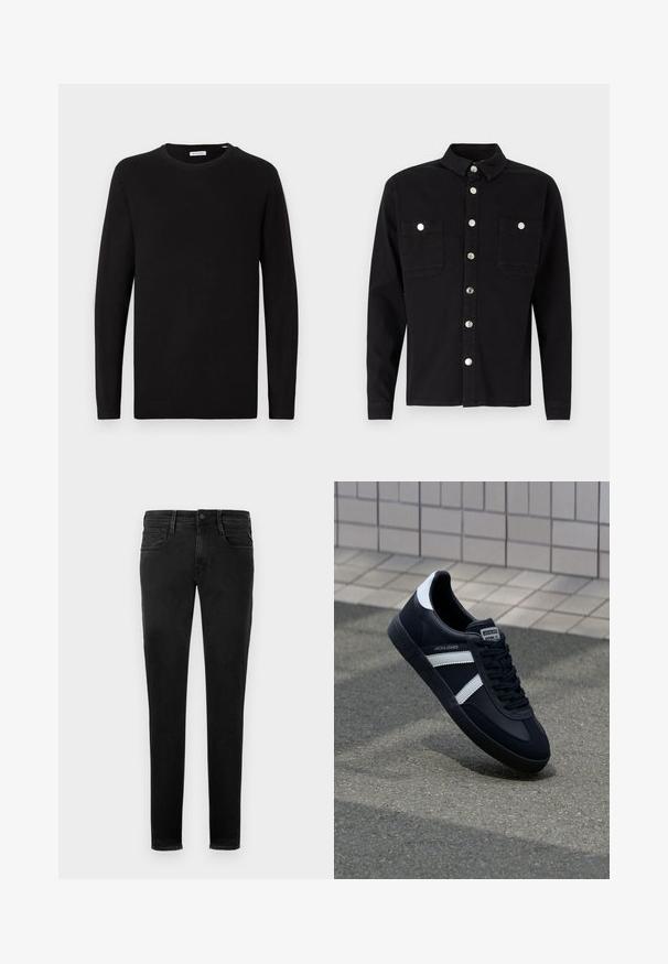 Schwarzer Rundhalsausschnitt-Pullover, lange Ärmel, gestrickter Stoff, gerippte Bündchen und Saum, minimalistisches Design, glatte Textur, keine sichtbaren Muster.; Denim Project DPMDPLOOSE OVERSIZED DENIM SHIRT - Hemd - black washed; Schwarze Denim-Jeans, Slim-Fit, Fünf-Taschen-Design, sichtbare Nähte, Frontknopfverschluss und minimalistisches Branding-Detail an der Hintertasche.; Schwarze Leder-Sneaker mit weißen Streifen, strukturiertem Gummisohle und Schnürung. Verfügt über ein Markenetikett auf der Zunge.