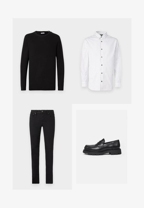 Sort crew neck sweater, lange ærmer, strikket stof, ribbede manchetter og kant, minimalistisk design, glat tekstur, ingen synlige mønstre.; Hvid langærmet skjorte med smalle lodrette striber i rød og blå, knaplukning, spidse kraver og sorte knapper.; Sorte slim-fit jeans med fem lommer, knaplukning og bælteklips, vist fladt på en hvid baggrund.; Sort læderloafer med tyk rillede sål og penny-remdetalje, vist i højre sideprofil på hvid baggrund.