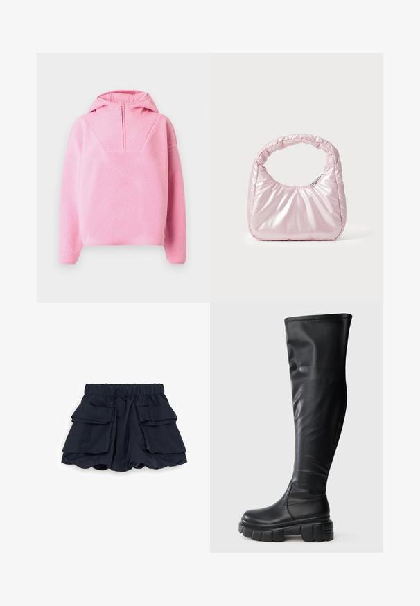 Pull polaire rose doux avec manches longues, capuche et fermeture éclaire avant demi-fermeture, conçu pour la chaleur et un style décontracté.; Shorts bleu marine avec une large ceinture élastique et de grandes poches cargo de chaque côté, présentant un design ample et légèrement bouffant.; Bottes noires jusqu'aux genoux en faux cuir lisse. Semelle en caoutchouc épaisse et chunky avec un bout rond et un design à enfiler.; Sac à main rose rembourré avec un design arrondi, fabriqué à partir d'un matériau brillant. Dispose d'une poignée froncée et d'une fermeture éclair pour un accès sécurisé.