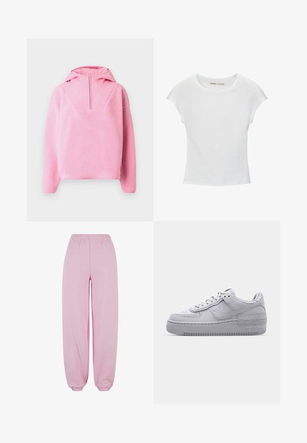 Pull polaire rose doux avec manches longues, capuche et fermeture éclaire avant demi-fermeture, conçu pour la chaleur et un style décontracté.; T-shirt en coton blanc avec manches courtes retroussées, encolure ronde et ourlet droit. Texture lisse sans motifs ni accents visibles.; Urban Classics Pantalon de survêtement - softpink; Basket en cuir lisse gris Nike Air Force 1 avec un bout perforé, une semelle épaisse et un détail 'AIR' en relief sur le talon.