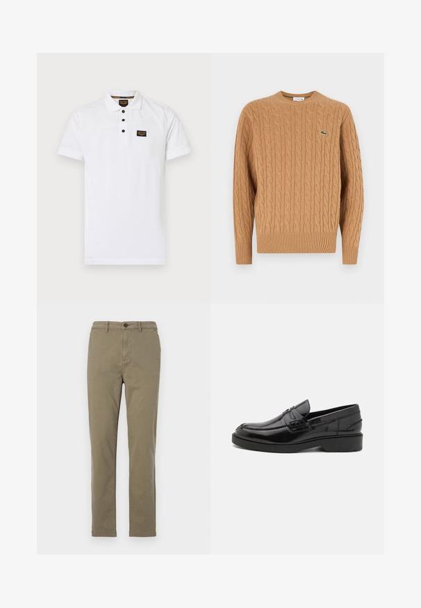 Pull en maille torsadée de couleur camel, fabriqué à partir d'un tissu texturé, avec un ourlet et des poignets côtelés, et un petit logo vert sur la poitrine.; Polo shirt blanc en coton texturé, avec une patte de boutonnage à trois boutons, des manches courtes et une patch logo noir sur la poitrine.; Chinos en coton vert olive avec une coupe droite, fermeture à bouton sur le devant et poches latérales. Texture lisse et minimalisme dans les détails.; Mocassins en cuir noir avec une finition lisse, un bout rond, un petit talon et descoutures décoratives à l'avant. Semelle en caoutchouc pour l'adhérence.