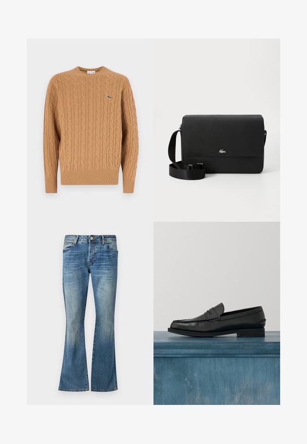 Suéter de punto de cable en color camel, hecho de una tela texturizada, con un dobladillo y puños acanalados, y un pequeño logo verde en el pecho.; Pantalones vaqueros acampanados azules de denim con un lavado desgastado. Tienen cinco pasadores para cinturón, un cierre con botón y detalles de costura clásica.; Mocasines de cuero negro con un diseño elegante, que presentan una puntera cosida y un acabado suave. El zapato tiene un tacón bajo y detalles mínimos.; Bolso cruzado de cuero negro con una textura suave, tapa frontal, acento con logo plateado y correa de tela ajustable.