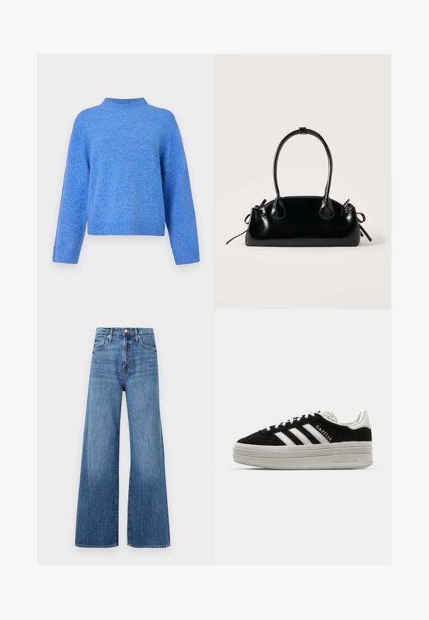 Blå langærmet uldtrøje med ribbet høj hals, manchetter og nederste kant, præsenteret mod en ensfarvet hvid baggrund.; Blå højtaljede vidde jeans med knap- og lynlåslukning, forlommer og diskret fading på stoffet.; Sort ruskind sneaker med hvide læderdetaljer, tre hvide striber, flade snørebånd og en tyk grå platformsål. Guldfarvet "Gazelle" branding.; Lille sort blank håndtaske med to lange håndtag og snøre-detaljer i siden på en ensfarvet lys baggrund.