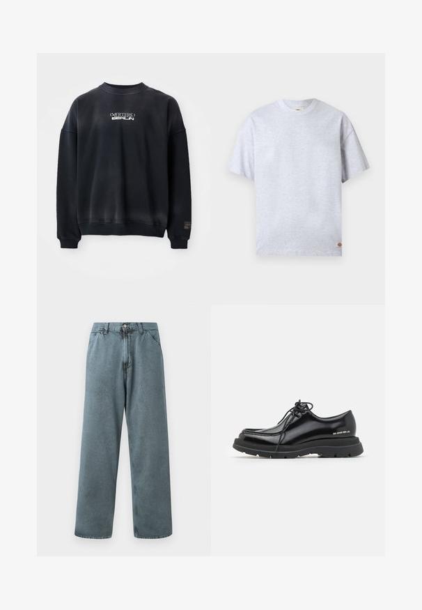 Sort sweatshirt lavet af bomuldsblanding, med ribbede manchetter og halsudskæring. Forsiden har hvid tekst "CATERED BERLIN" i stiliseret skrifttype.; Enkelt lysegråt T-shirt med korte ærmer og rund hals, med en lille rektangulær logo-tag nederst ved højre kant.; Lysblå denimbukser med lige benpasform, der har en klassisk knaplukning og fem-lomme design. Blød tekstur og minimale syningsdetaljer.; Sorte læder dressko med rund tå, tyk gummisål, snørebåndsdesign og markant syning langs kanten.