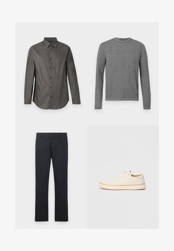 Pull gris en maille avec motif en quadrillage, col rond et manches longues. Tissu texturé avec poignets et ourlet côtelés. Design simple.; Chemise à manches longues gris foncé avec un motif géométrique discret en relief sur toute la surface et un col classique, présentée sur un fond blanc.; Pantalon droit noir pour homme avec passants de ceinture, fermeture à boutons et poches avant, présenté sur un fond blanc.; Baskets en cuir blanc avec un bout rond, design simple à lacets, semelle intérieure rembourrée et semelle en caoutchouc beige contrastante. Texture lisse sur l'ensemble.