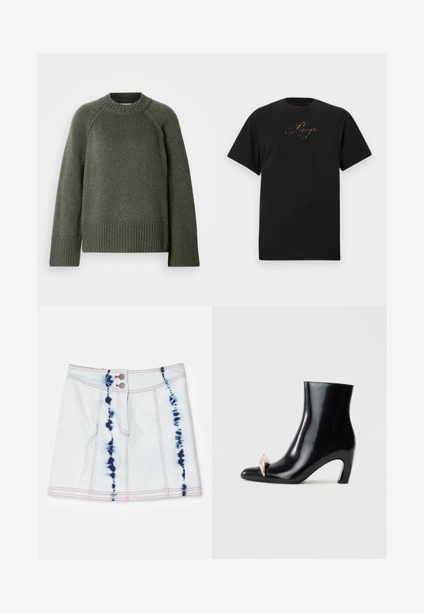 Pull-over en tricot vert avec un col rond, des manches raglan, et un ourlet et des poignets côtelés. Fabriqué dans une matière douce et texturée.; T-shirt noir à manches courtes avec un col rond et le mot « Hope » en écriture cursive sur la poitrine, dans un motif orange métallique.; Jupe en denim mini en bleu clair avec des motifs tie-dye en bleu foncé. Équipée de coutures rouges et de deux boutons à l'avant. Longueur courte avec une coupe ajustée.; Bottine noire en cuir brillant, avec un bout pointu et un accent décoratif en or et argent à l'avant. Design à talon carré.