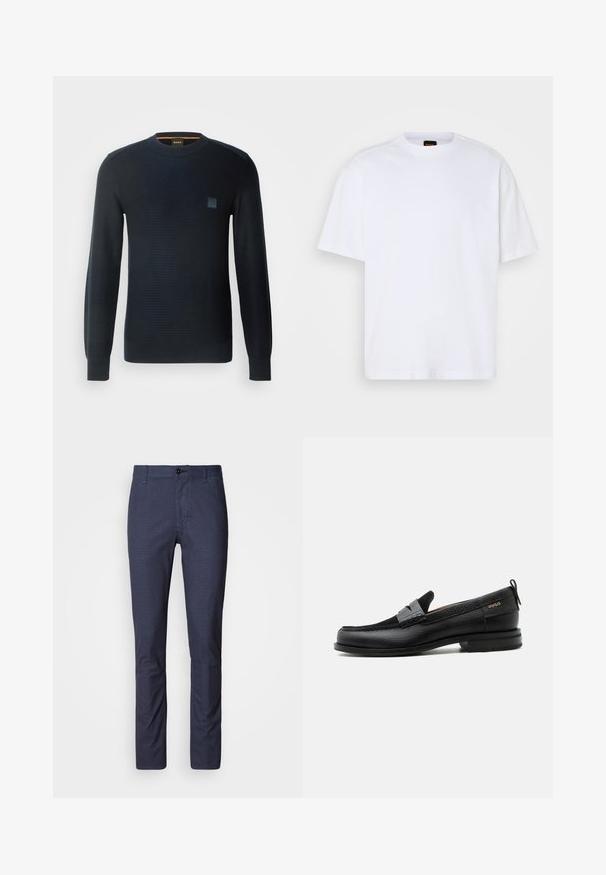 Gebreide donkerblauwe trui met lange mouwen, ronde hals, textuurstof en een klein logo-opnäher op de borst.; Witte katoenen T-shirt met ronde hals, korte mouwen en een ontspannen pasvorm. Heeft textuur op de schoudernaden voor extra detail.; Donkerblauwe broek in een slim fit met een subtiel textuurpatroon, voorzien van een knoopsluiting en traditionele zakken. Glad stoffen afwerking.; Zwarte leren loafer met grijs riemdetailelement, lage hak en gestructureerde zool, aan de zijkant gebrandmerkt met "HUGO" in goud.